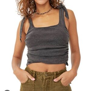 Free People Charcoal Tie-Shoulder Ribbed Crop Tank